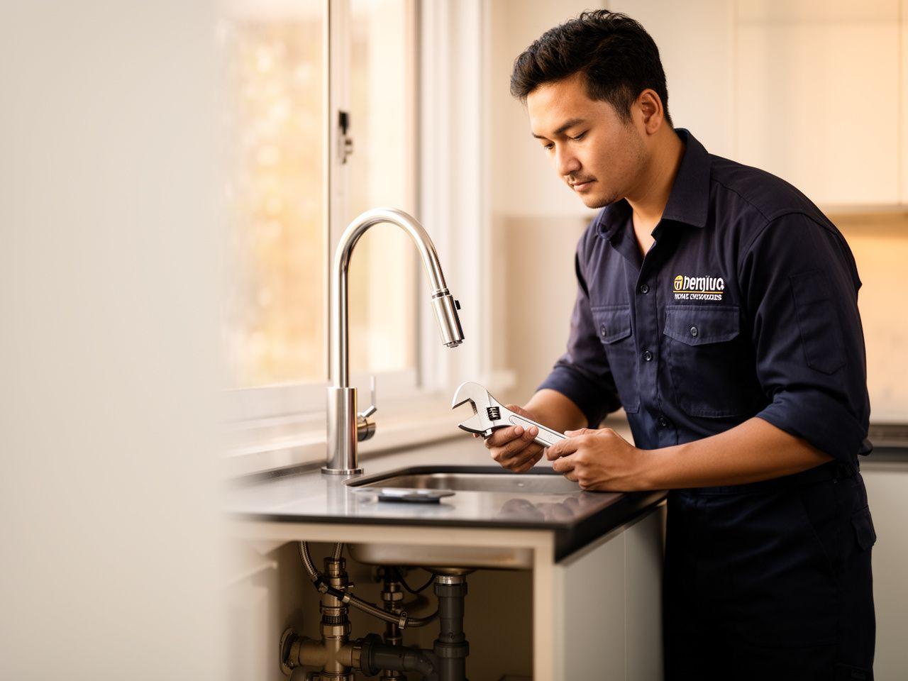 Xenoblox plumber inspecting under-sink pipework in a Kuala Lumpur kitchen