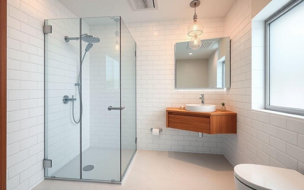 Newly renovated modern bathroom with tiled walk-in shower