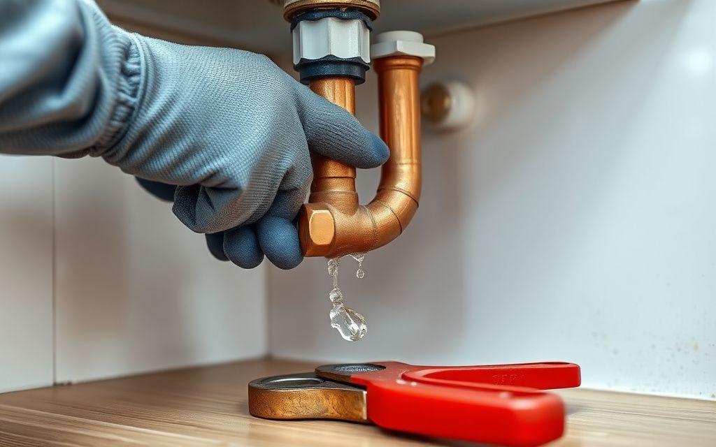 Plumber repairing a burst pipe under a sink